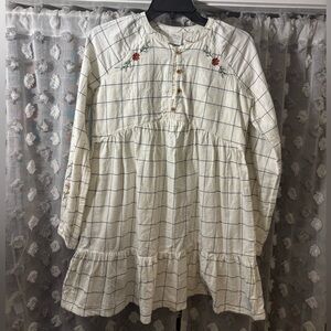 Charming Kids' Cream Plaid Dress with Floral Accents